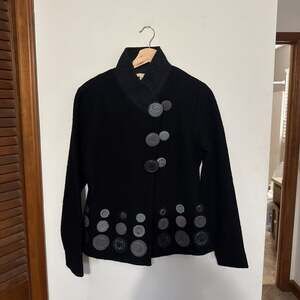 Carson Black Wool Swing Jacket with Decorative Buttons Appliquéd Fabric - Size M